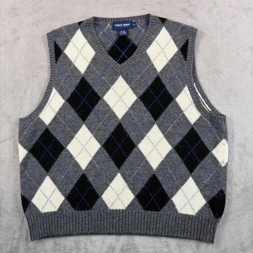 Polo Golf Ralph Lauren Sweater V-Neck Vest Men XL Argyle Alpaca Wool Lambswool